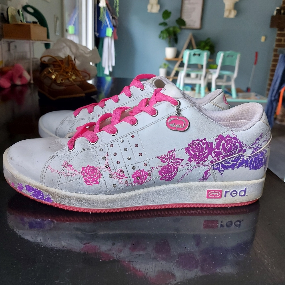 RED Ecko Ultd white shoes with pink+purple floral detail & crystal detail